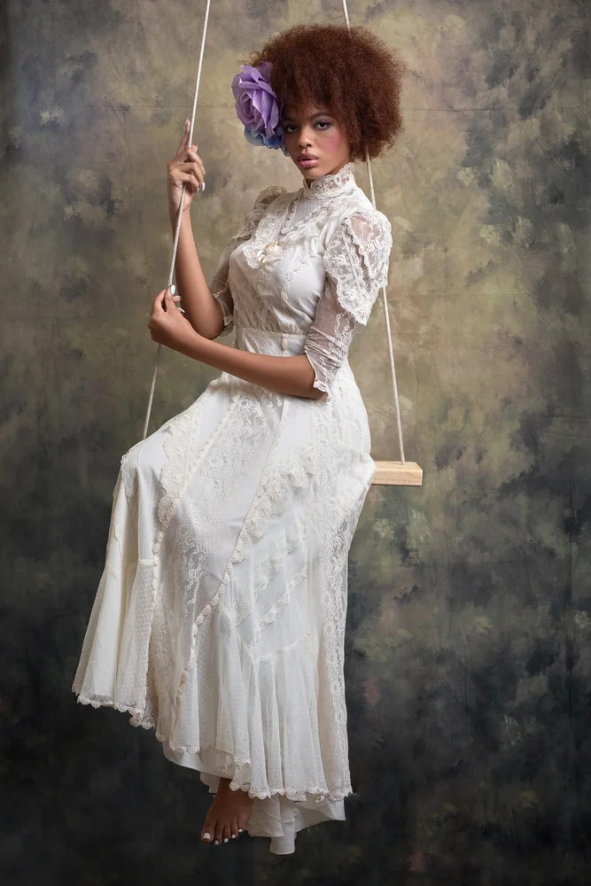 Magazine Cover session — vintage lace editorial on a studio swing